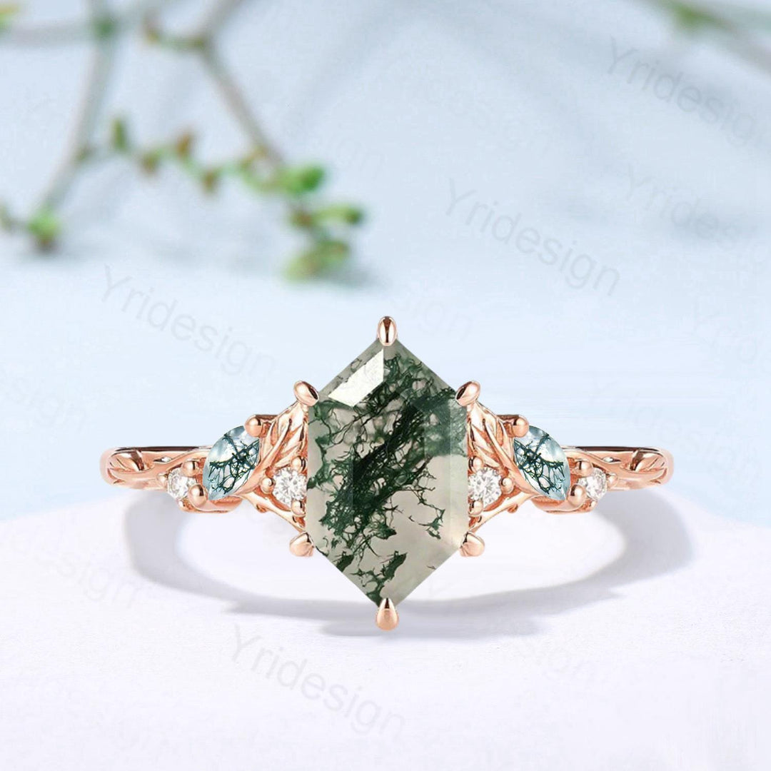 Vintage Moss Agate Engagement Ring, Marquise Wedding Ring, 14K Gold Leaf Vine - PENFINE