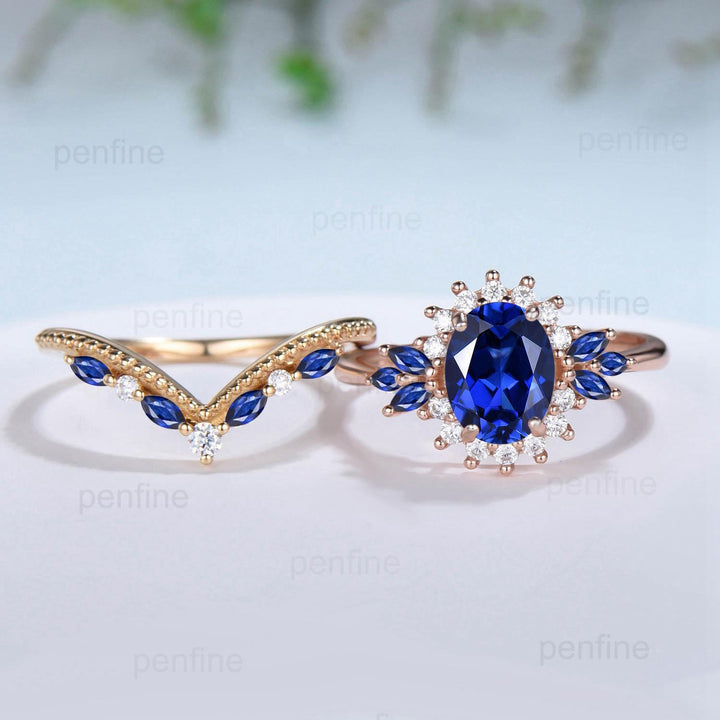 Vintage Oval Cut Blue Sapphire Engagement Ring Set Unique June Birthstone Promise Ring Cluster Moissanite Ring Handmade Wedding Bridal Sets - PENFINE