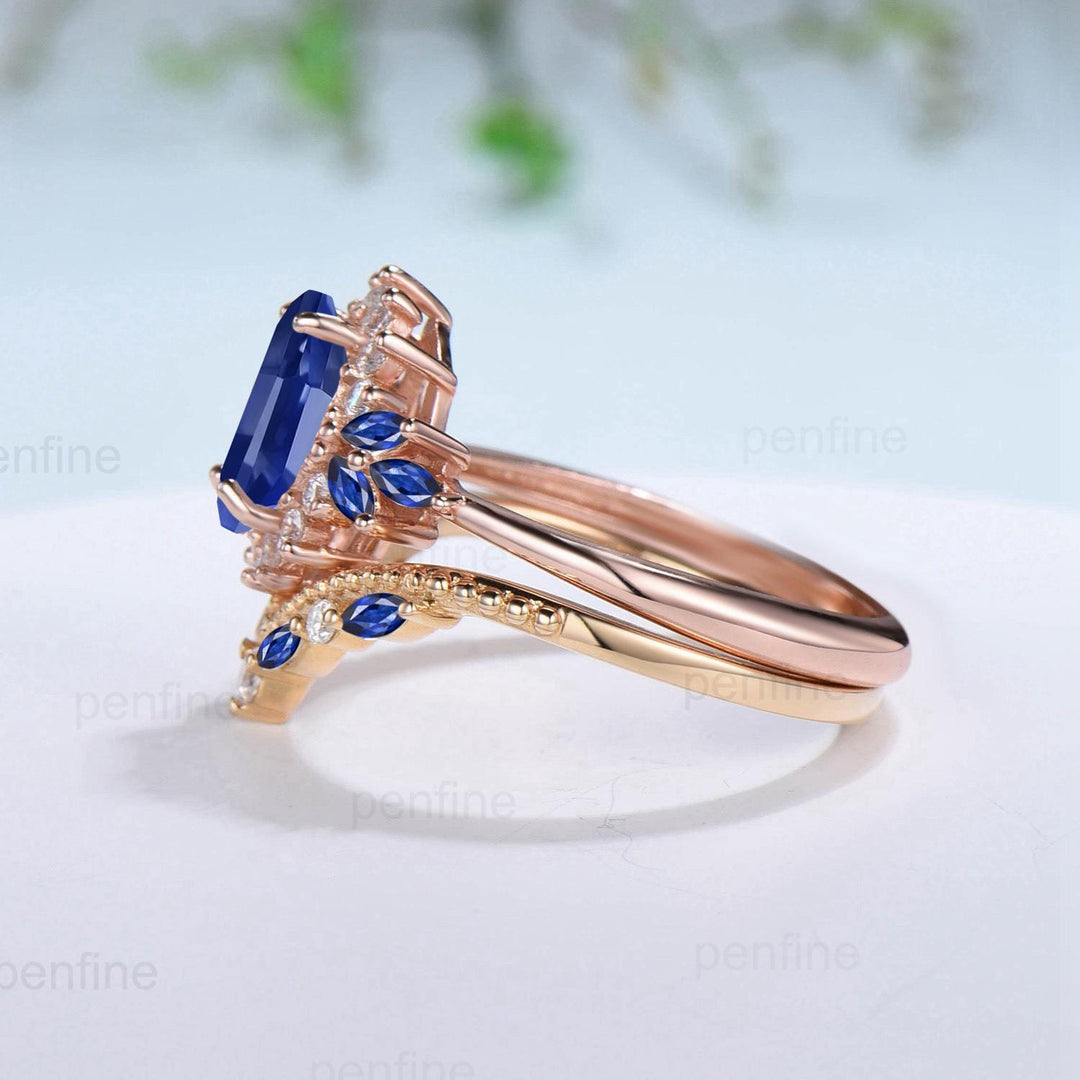 Vintage Oval Cut Blue Sapphire Engagement Ring Set Unique June Birthstone Promise Ring Cluster Moissanite Ring Handmade Wedding Bridal Sets - PENFINE