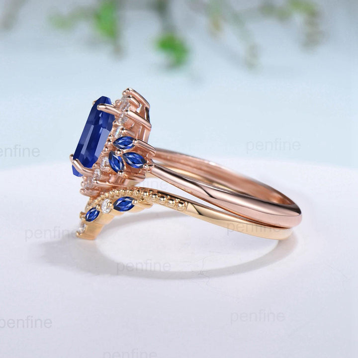 Vintage Oval Cut Blue Sapphire Engagement Ring Set Unique June Birthstone Promise Ring Cluster Moissanite Ring Handmade Wedding Bridal Sets - PENFINE