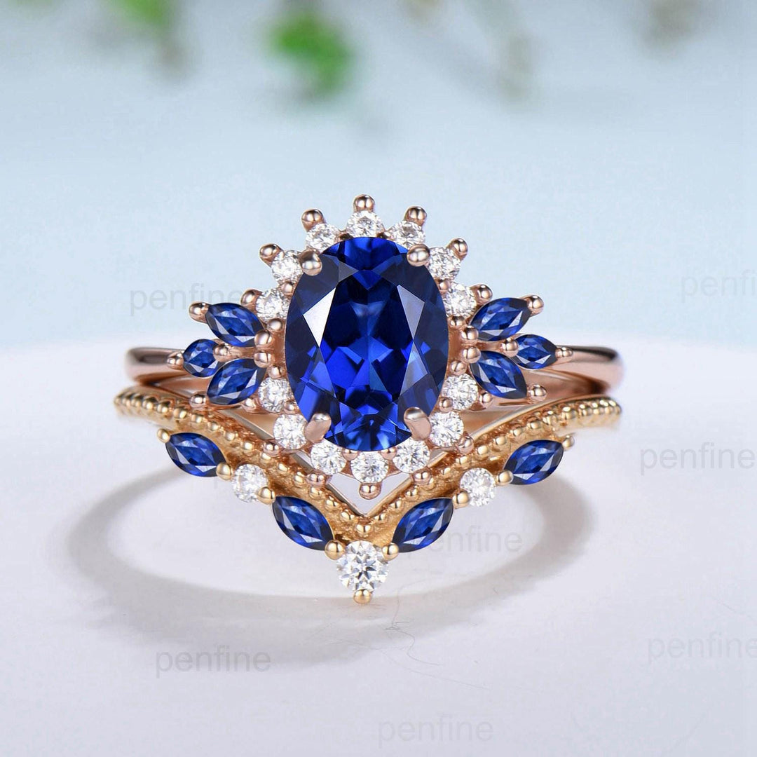 Vintage Oval Cut Blue Sapphire Engagement Ring Set Unique June Birthstone Promise Ring Cluster Moissanite Ring Handmade Wedding Bridal Sets - PENFINE