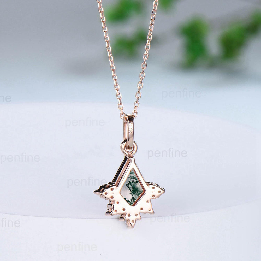 Art Deco Natural Moss Agate Necklace Vintage Kite Cut Green Agate Pendant Silver 14k/18k rose gold emerald promise engagement gift for women - PENFINE