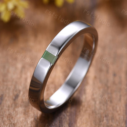 3mm Baguette Jade Wedding Band: White Gold Solitaire Ring, Stackable Ring