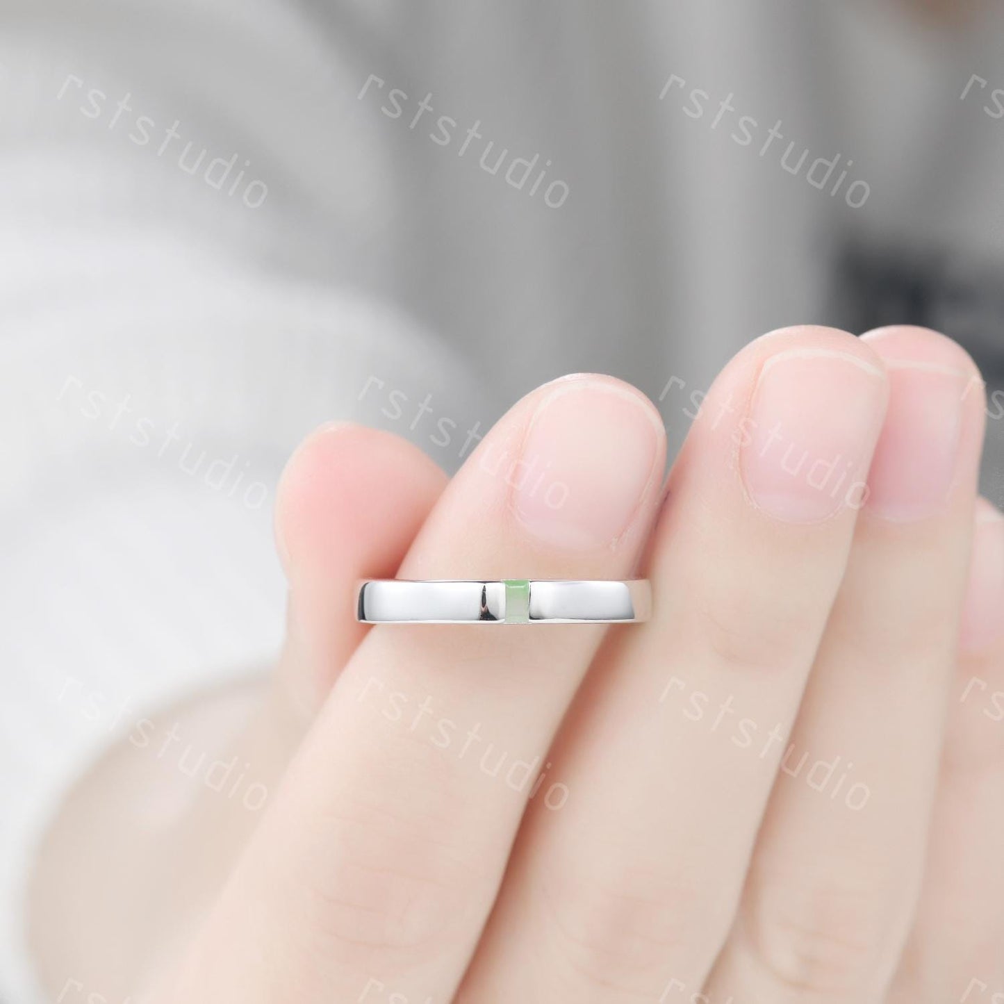 3mm Baguette Jade Wedding Band: White Gold Solitaire Ring, Stackable Ring
