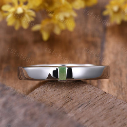 3mm Baguette Jade Wedding Band: White Gold Solitaire Ring, Stackable Ring