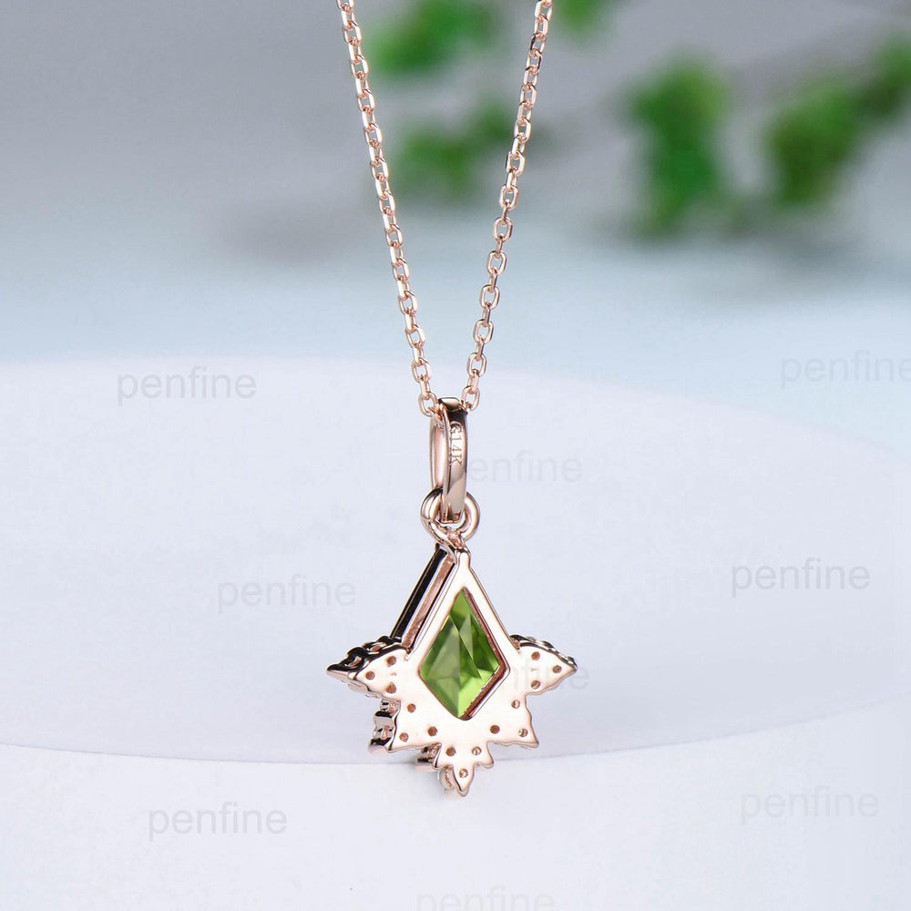 Vintage Kite Cut Natural Peridot Pendant Necklace August Birthstone Silver 14k/18k rose gold moissanite promise engagement gift for women - PENFINE