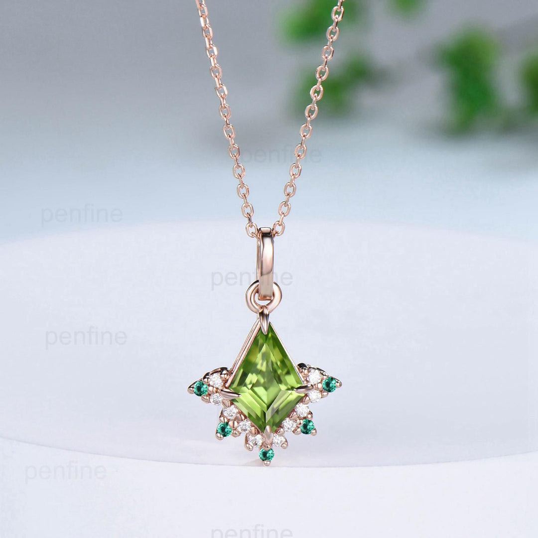 Vintage Kite Cut Natural Peridot Pendant Necklace August Birthstone Silver 14k/18k rose gold moissanite promise engagement gift for women - PENFINE