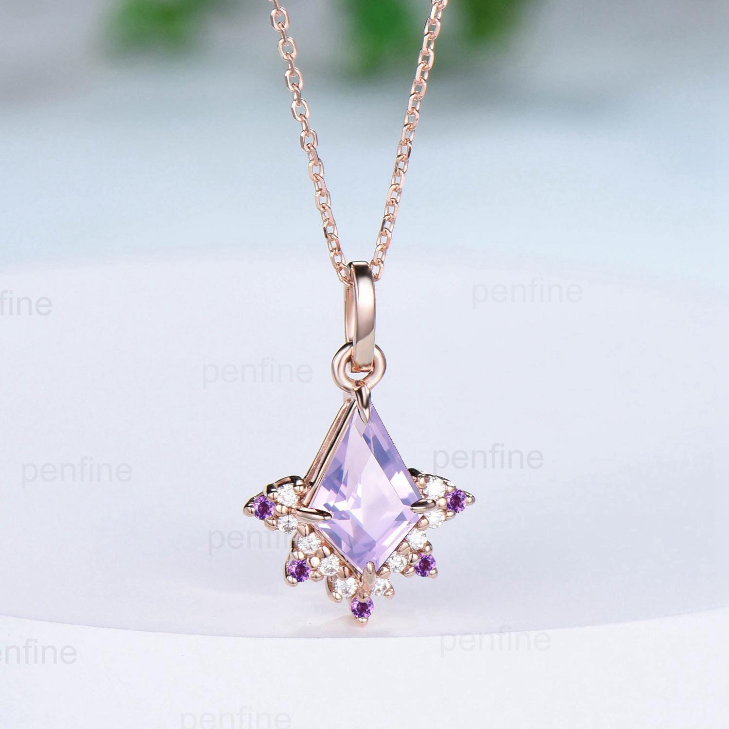Vintage Kite Cut Lavender Amethyst Necklace Necklace Purple Amethyst Pendant Silver 14k/18k rose gold moissanite promise engagement gifts - PENFINE