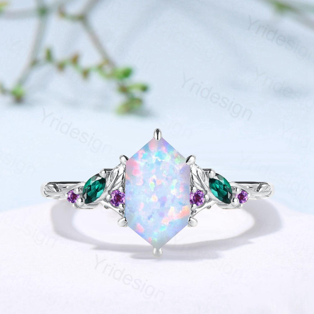 Vintage Fire Opal Engagement Ring, Marquise Emerald, Amethyst, 14K Rose Gold - PENFINE