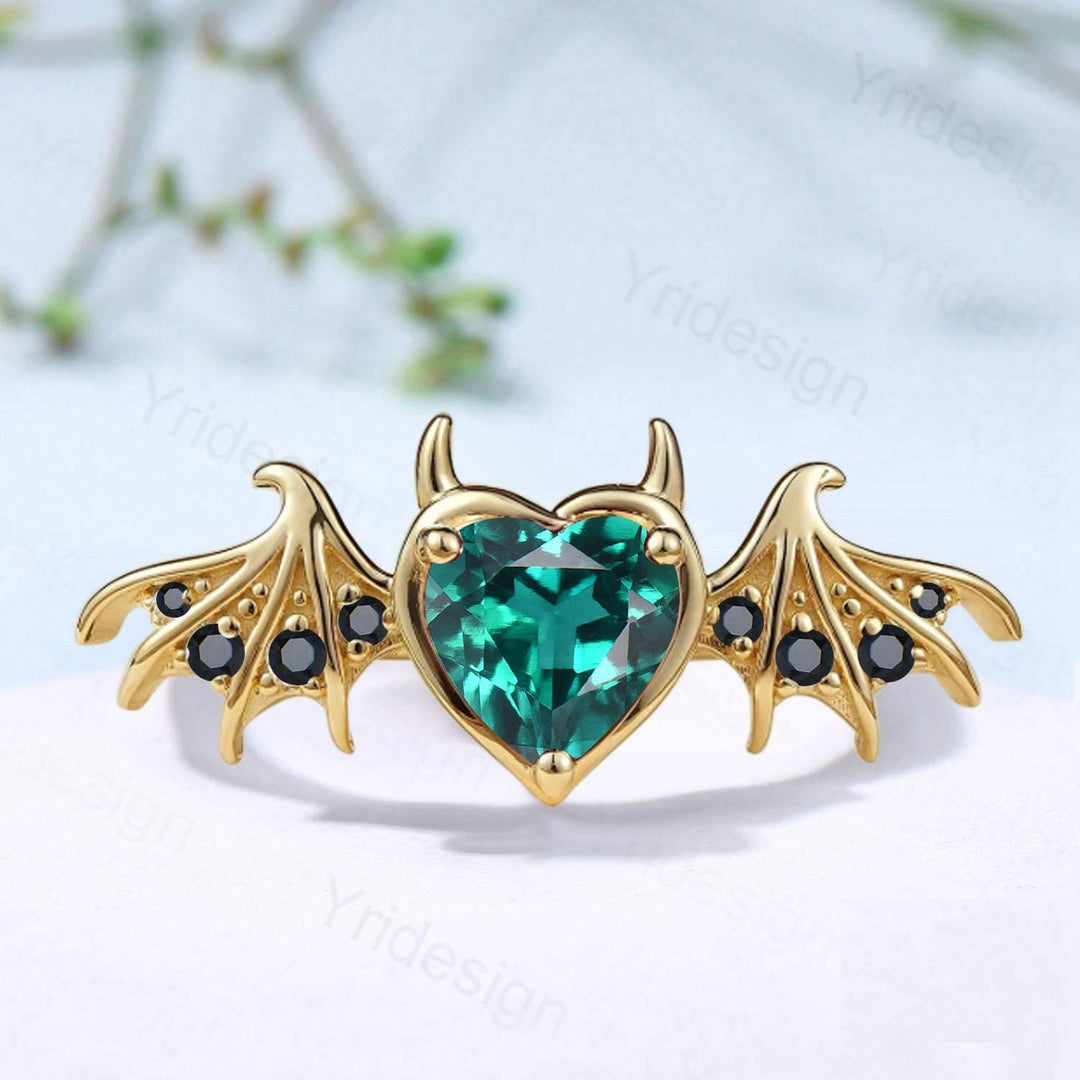 Heart Emerald Engagement Ring, Wing Black Spinel, Devil Promise Ring - PENFINE
