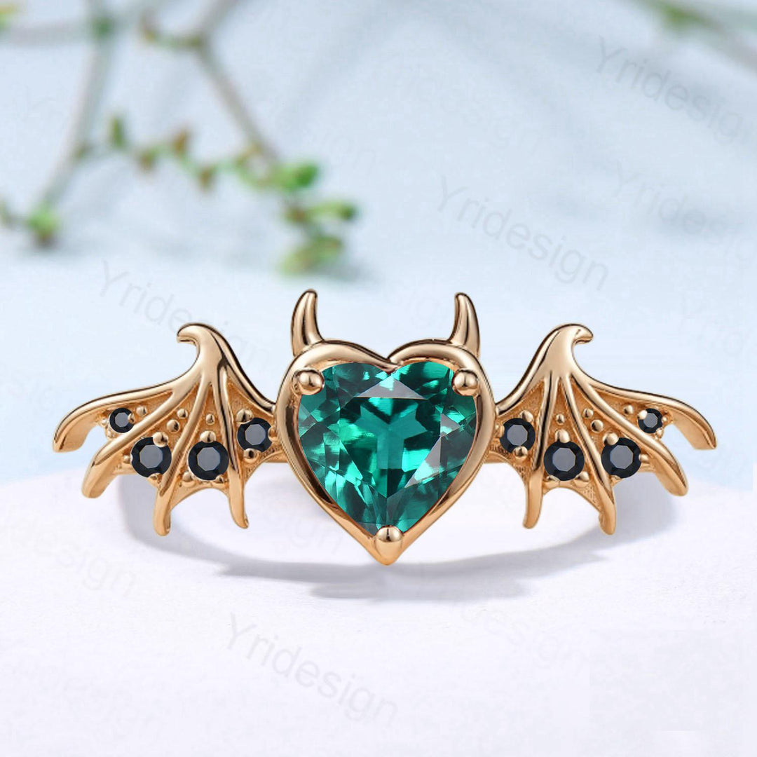 Heart Emerald Engagement Ring, Wing Black Spinel, Devil Promise Ring - PENFINE