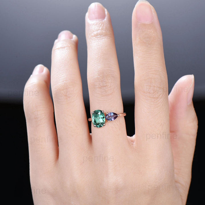 Minimalist Two stone oval green sapphire and pear shaped alexandrite engagement ring rose gold simple wedding ring anniversary bridal gifts - PENFINE
