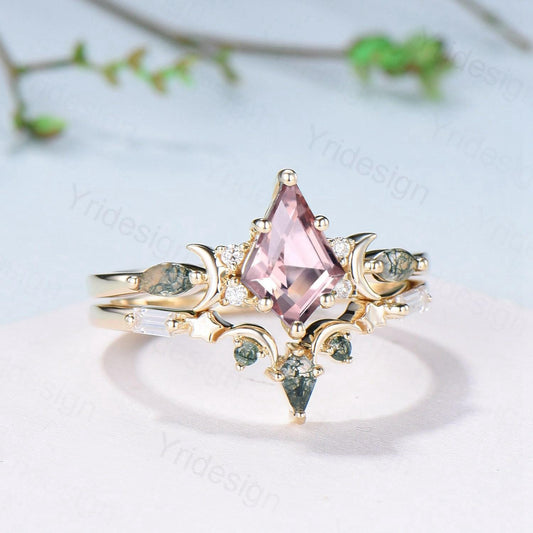 Vintage kite cut nature morganite engagement ring set Unique crescent moon star moss agate wedding set anniversary gift bridal set for women - PENFINE