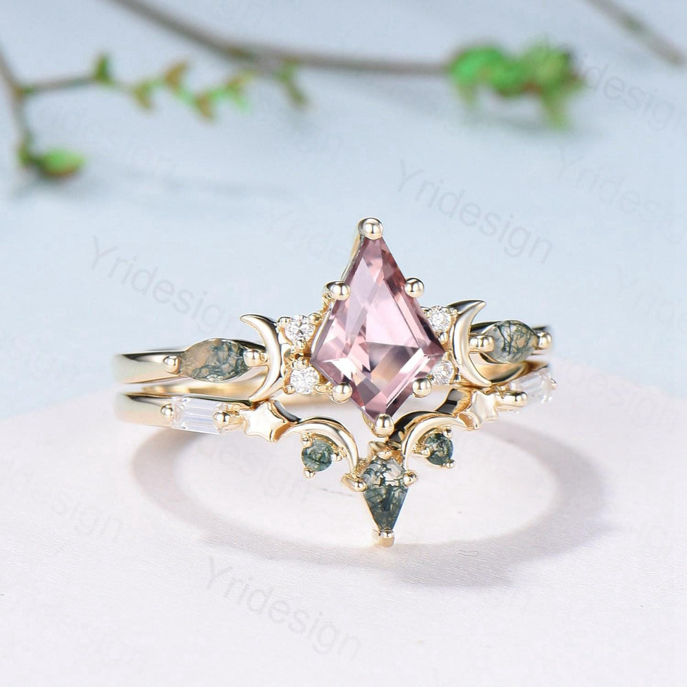 Vintage kite cut nature morganite engagement ring set Unique crescent moon star moss agate wedding set anniversary gift bridal set for women - PENFINE