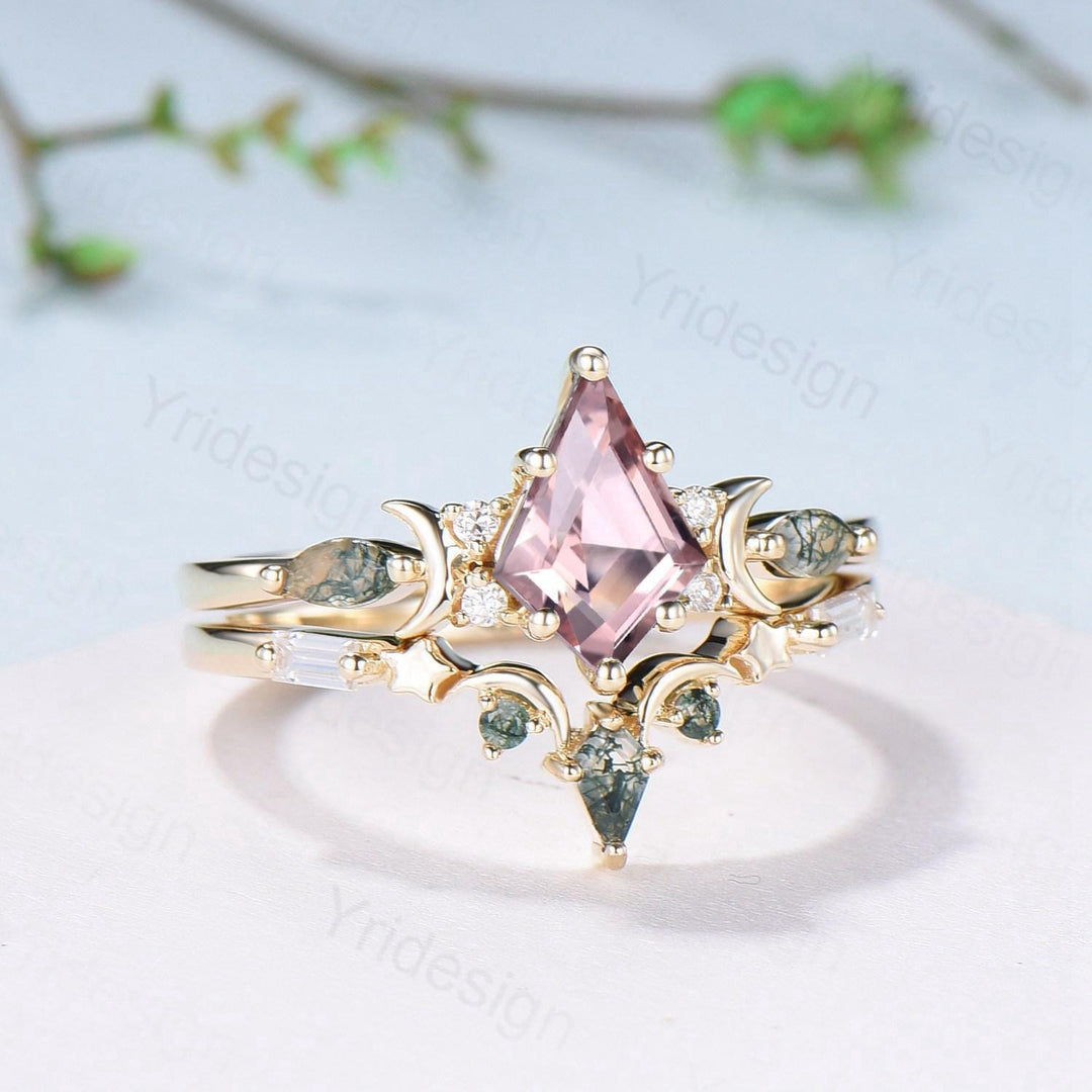 Vintage kite cut nature morganite engagement ring set Unique crescent moon star moss agate wedding set anniversary gift bridal set for women - PENFINE