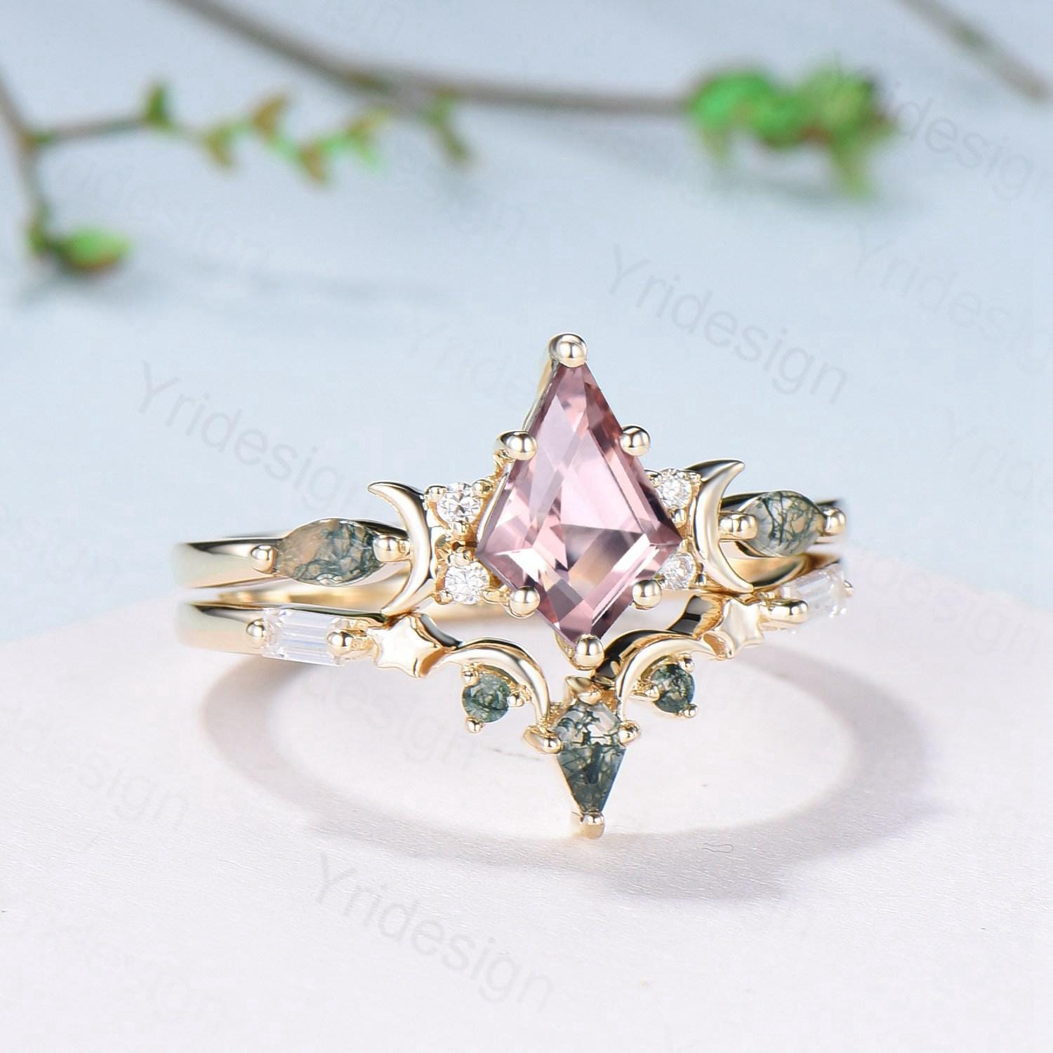 Vintage kite cut nature morganite engagement ring set Unique crescent moon star moss agate wedding set anniversary gift bridal set for women - PENFINE