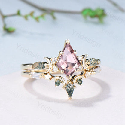 Vintage kite cut nature morganite engagement ring set Unique crescent moon star moss agate wedding set anniversary gift bridal set for women - PENFINE