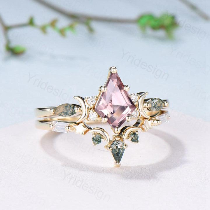 Vintage kite cut nature morganite engagement ring set Unique crescent moon star moss agate wedding set anniversary gift bridal set for women - PENFINE