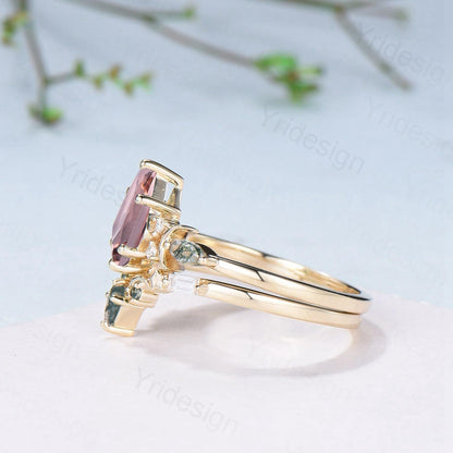 Vintage kite cut nature morganite engagement ring set Unique crescent moon star moss agate wedding set anniversary gift bridal set for women - PENFINE