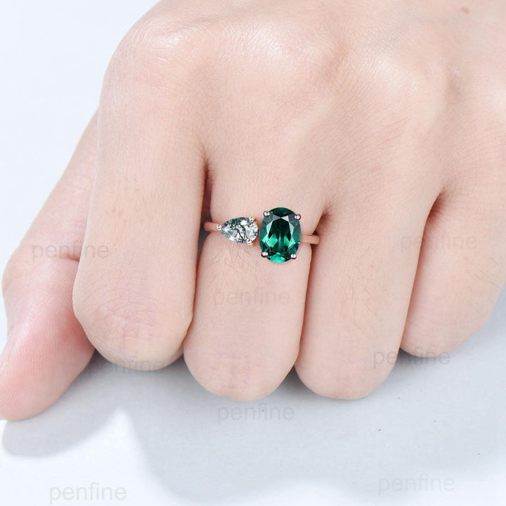 Two stone oval emerald and pear shaped moss agate engagement ring rose gold simple minimalist wedding ring anniversary bridal gifts for her - PENFINE