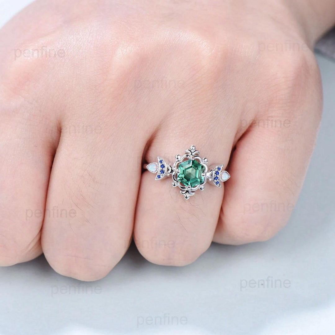 Floral Hexagon Green Teal Sapphire Engagement Ring Crescent Moon Cluster Opal Sapphire Wedding Ring Unique Promise Ring Handmade Bridal Gift - PENFINE