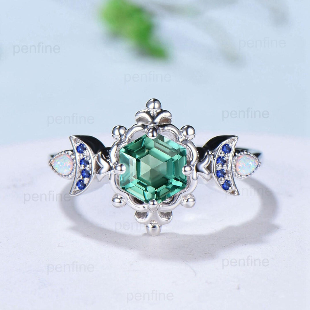 Floral Hexagon Green Teal Sapphire Engagement Ring Crescent Moon Cluster Opal Sapphire Wedding Ring Unique Promise Ring Handmade Bridal Gift - PENFINE