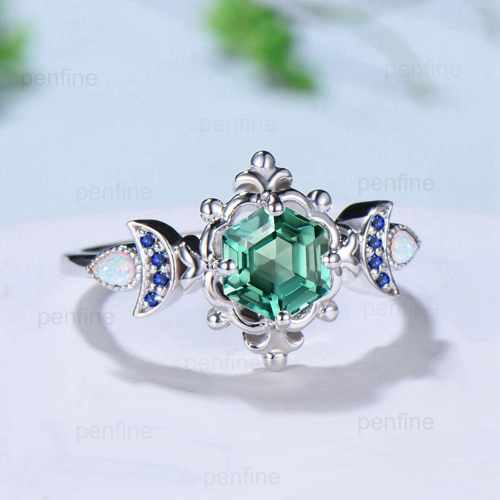 Floral Hexagon Green Teal Sapphire Engagement Ring Crescent Moon Cluster Opal Sapphire Wedding Ring Unique Promise Ring Handmade Bridal Gift - PENFINE