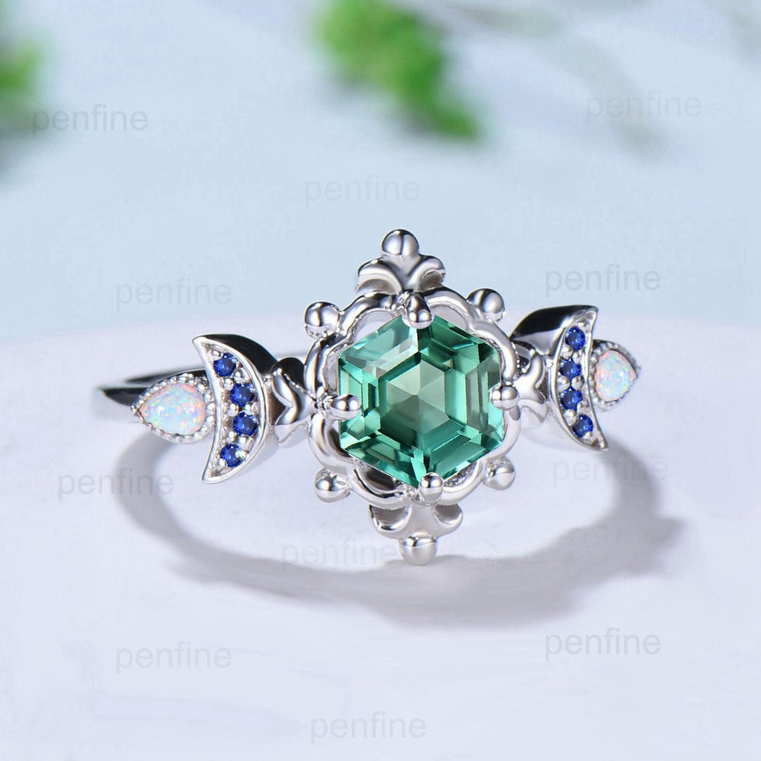 Floral Hexagon Green Teal Sapphire Engagement Ring Crescent Moon Cluster Opal Sapphire Wedding Ring Unique Promise Ring Handmade Bridal Gift - PENFINE