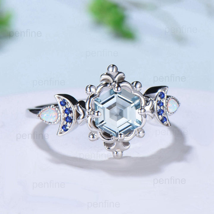 Floral Hexagon Natural Aquamarine Engagement Ring Crescent Moon Cluster Opal Sapphire Wedding Ring Unique Promise Ring Handmade Bridal Gift - PENFINE