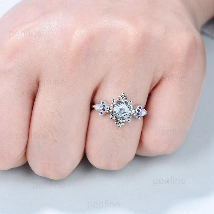 Floral Hexagon Natural Aquamarine Engagement Ring Crescent Moon Cluster Opal Sapphire Wedding Ring Unique Promise Ring Handmade Bridal Gift - PENFINE