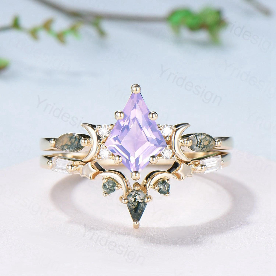 Vintage Kite Cut Natural Lavender Amethyst Engagement Ring Set Unique Yellow Gold Moon Star Wedding Ring Set Moss Agate Promise Bridal Ring - PENFINE