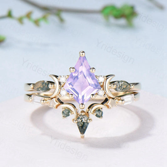 Vintage Kite Cut Natural Lavender Amethyst Engagement Ring Set Unique Yellow Gold Moon Star Wedding Ring Set Moss Agate Promise Bridal Ring - PENFINE
