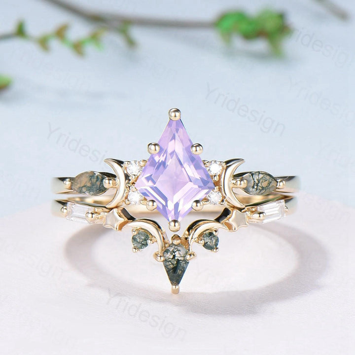 Vintage Kite Cut Natural Lavender Amethyst Engagement Ring Set Unique Yellow Gold Moon Star Wedding Ring Set Moss Agate Promise Bridal Ring - PENFINE