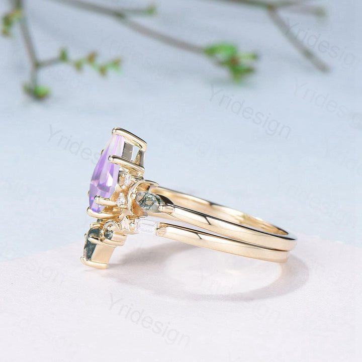 Vintage Kite Cut Natural Lavender Amethyst Engagement Ring Set Unique Yellow Gold Moon Star Wedding Ring Set Moss Agate Promise Bridal Ring - PENFINE