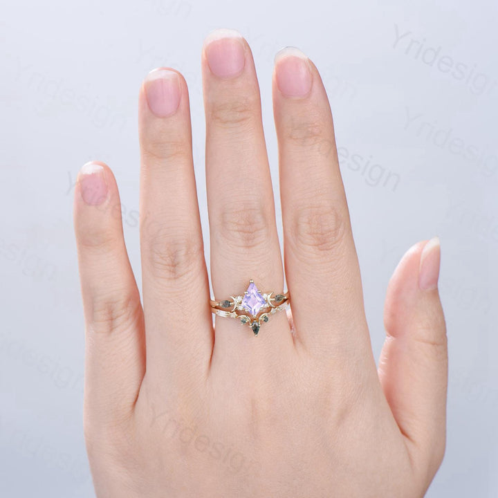 Vintage Kite Cut Natural Lavender Amethyst Engagement Ring Set Unique Yellow Gold Moon Star Wedding Ring Set Moss Agate Promise Bridal Ring - PENFINE
