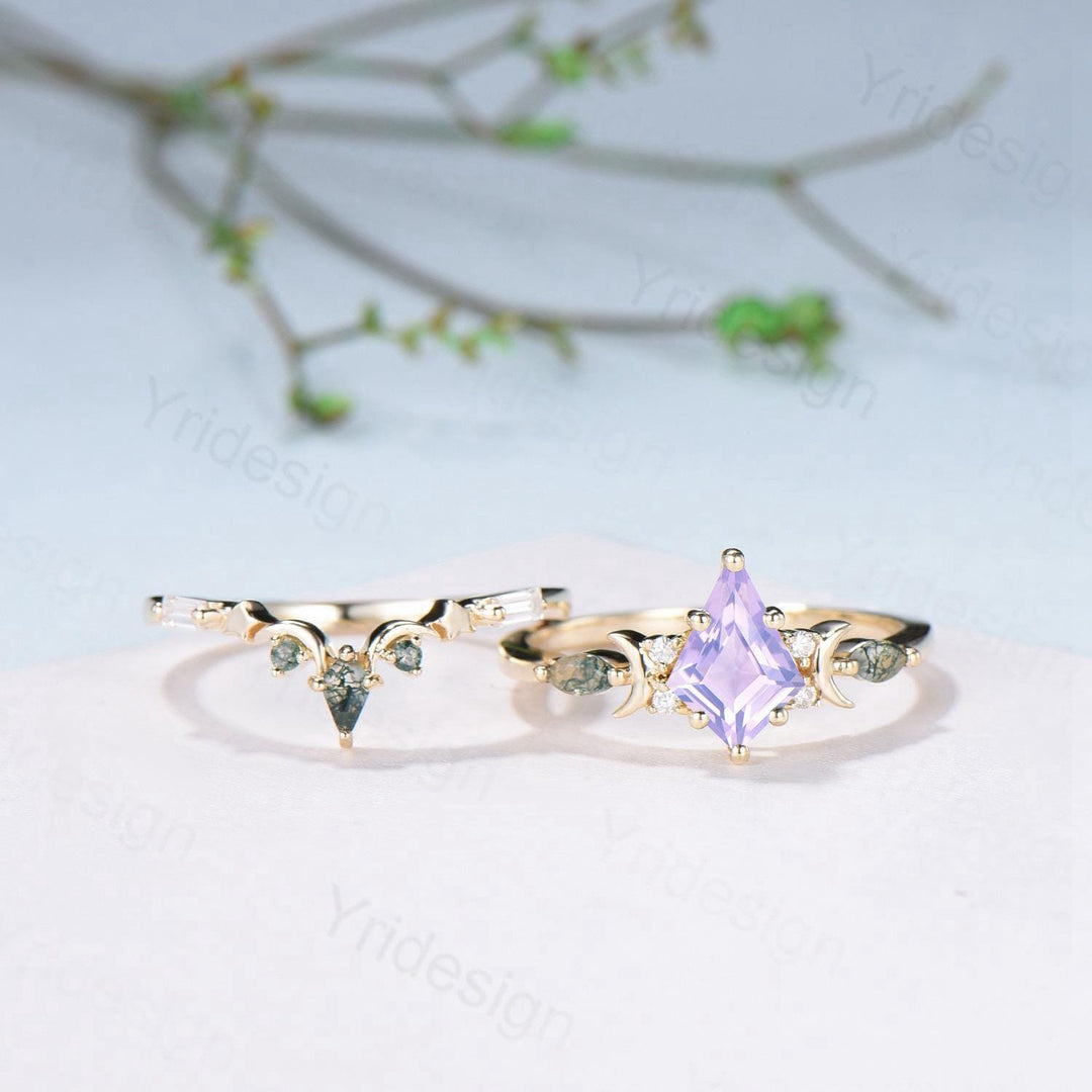 Vintage Kite Cut Natural Lavender Amethyst Engagement Ring Set Unique Yellow Gold Moon Star Wedding Ring Set Moss Agate Promise Bridal Ring - PENFINE