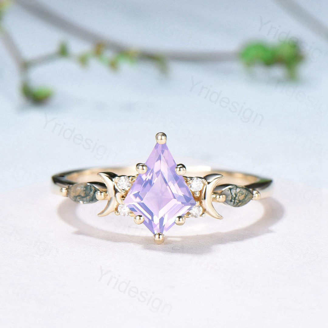 Vintage Kite Cut Natural Lavender Amethyst Engagement Ring Set Unique Yellow Gold Moon Star Wedding Ring Set Moss Agate Promise Bridal Ring - PENFINE