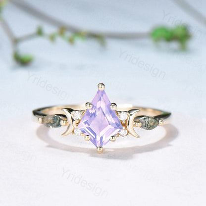 Vintage Kite Cut Natural Lavender Amethyst Engagement Ring Set Unique Yellow Gold Moon Star Wedding Ring Set Moss Agate Promise Bridal Ring - PENFINE