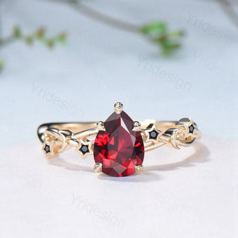Vintage Pear Shaped Natural Garnet Engagement Ring Yellow Gold Moon Star Spinel Wedding Ring Jan Birthstone September Promise Ring For Women - PENFINE
