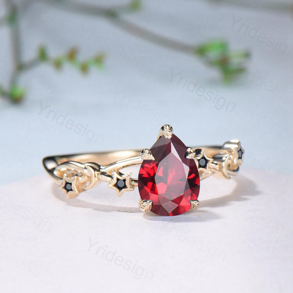 Vintage Pear Shaped Natural Garnet Engagement Ring Yellow Gold Moon Star Spinel Wedding Ring Jan Birthstone September Promise Ring For Women - PENFINE