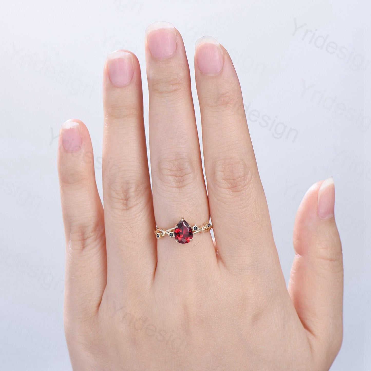 Vintage Pear Shaped Natural Garnet Engagement Ring Yellow Gold Moon Star Spinel Wedding Ring Jan Birthstone September Promise Ring For Women - PENFINE