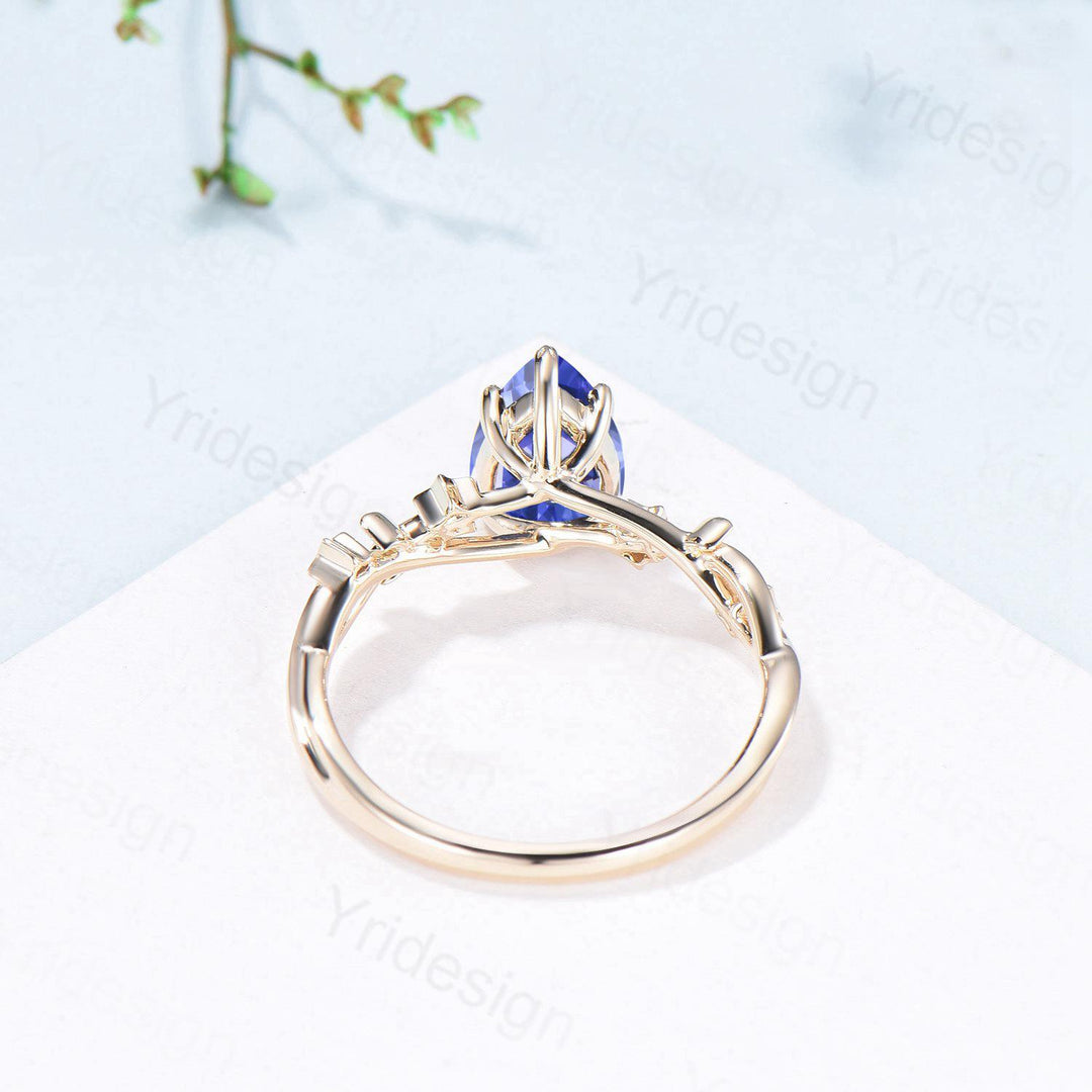 Vintage Natural Tanzanite Engagement Ring Pear Shaped Yellow Gold Moon Star Wedding Ring Blue Sapphire Anniversary Promise Ring For Women - PENFINE