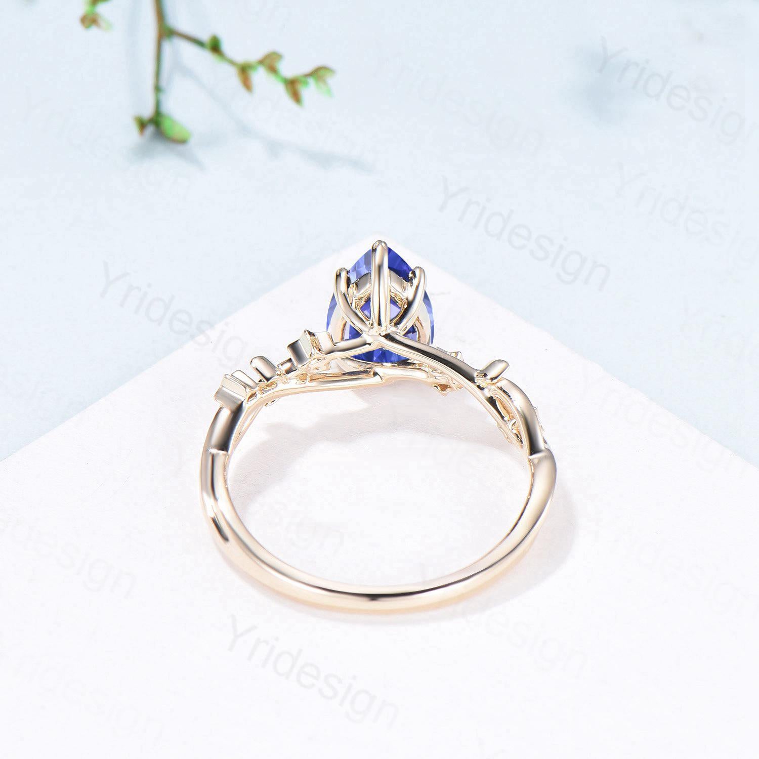 Vintage Natural Tanzanite Engagement Ring Pear Shaped Yellow Gold Moon Star Wedding Ring Blue Sapphire Anniversary Promise Ring For Women - PENFINE