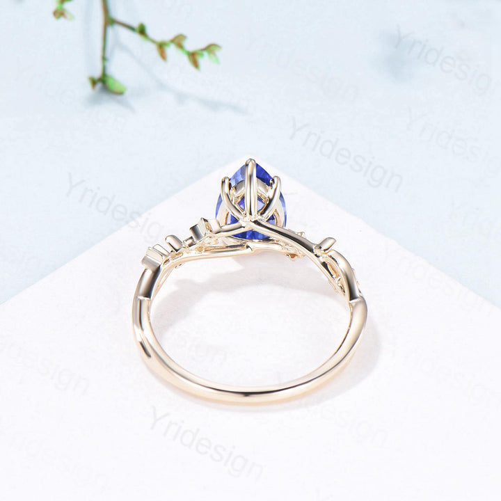 Vintage Natural Tanzanite Engagement Ring Pear Shaped Yellow Gold Moon Star Wedding Ring Blue Sapphire Anniversary Promise Ring For Women - PENFINE