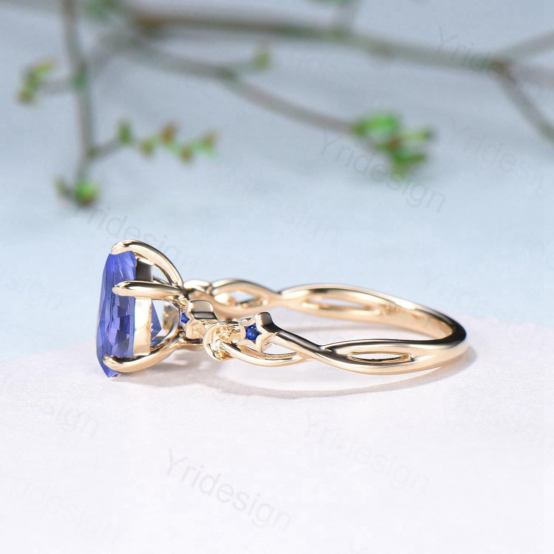 Vintage Natural Tanzanite Engagement Ring Pear Shaped Yellow Gold Moon Star Wedding Ring Blue Sapphire Anniversary Promise Ring For Women - PENFINE