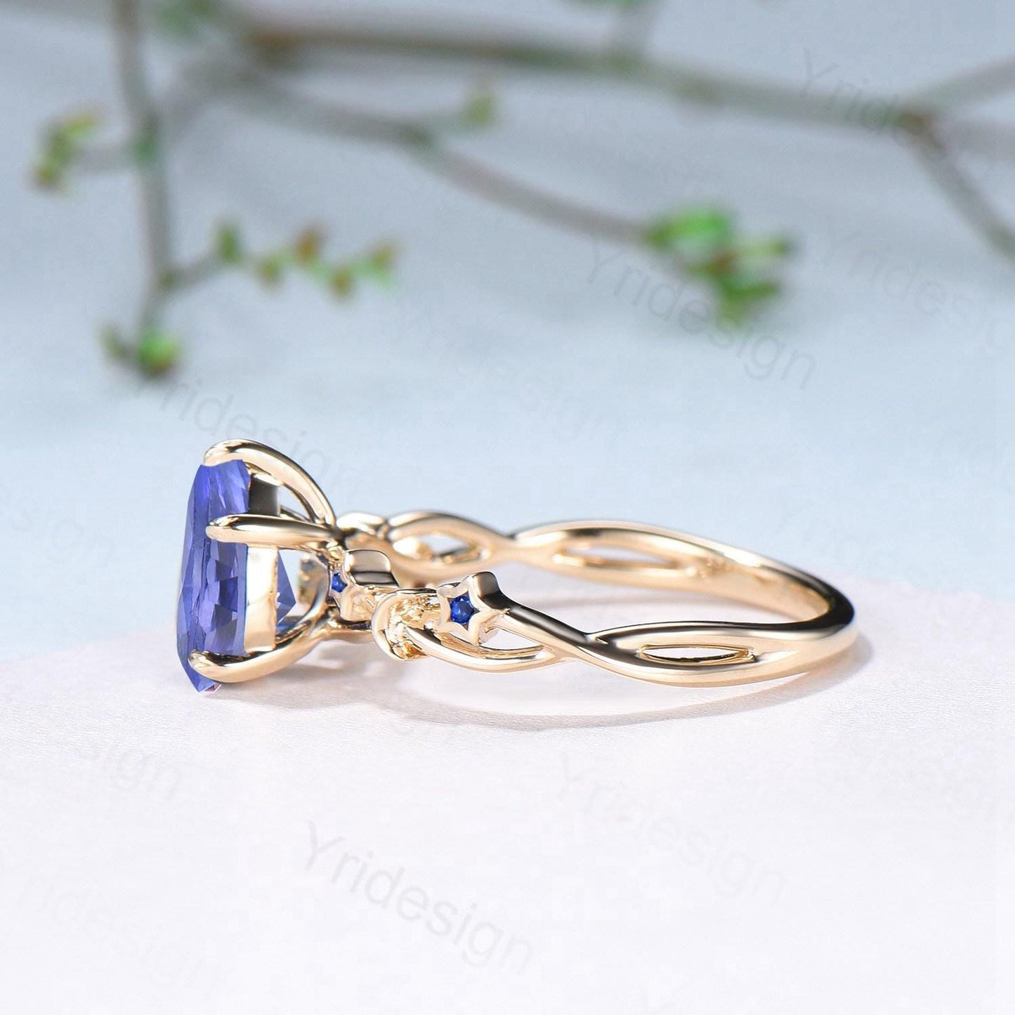 Vintage Natural Tanzanite Engagement Ring Pear Shaped Yellow Gold Moon Star Wedding Ring Blue Sapphire Anniversary Promise Ring For Women - PENFINE