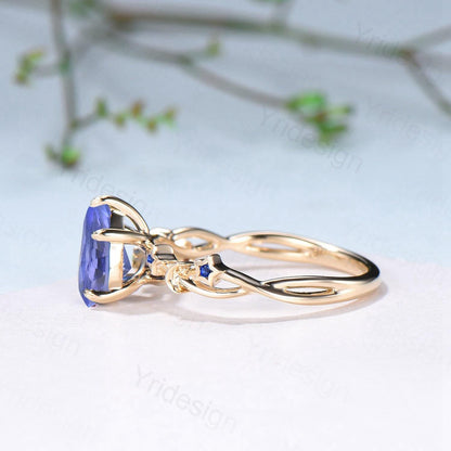 Vintage Natural Tanzanite Engagement Ring Pear Shaped Yellow Gold Moon Star Wedding Ring Blue Sapphire Anniversary Promise Ring For Women - PENFINE