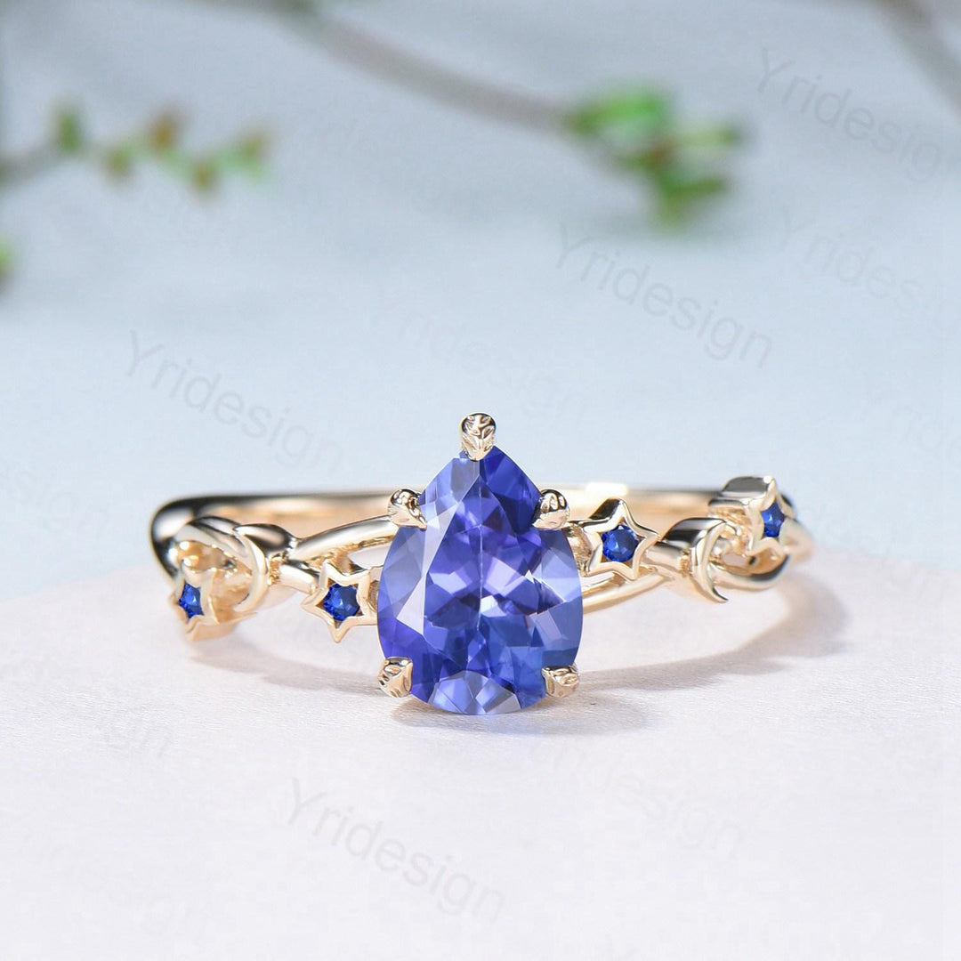 Vintage Natural Tanzanite Engagement Ring Pear Shaped Yellow Gold Moon Star Wedding Ring Blue Sapphire Anniversary Promise Ring For Women - PENFINE