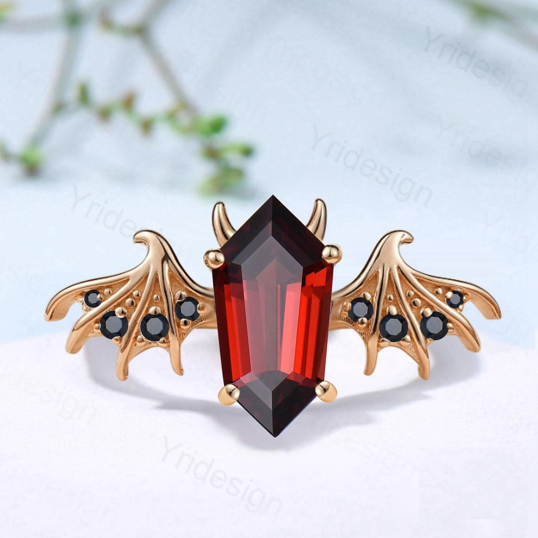Shield Shaped Garnet Bat Engagement Ring Unique Wing Garnet Spinel Ring, Black Spinel Devil January Birthstone Engagement Ring - PENFINE
