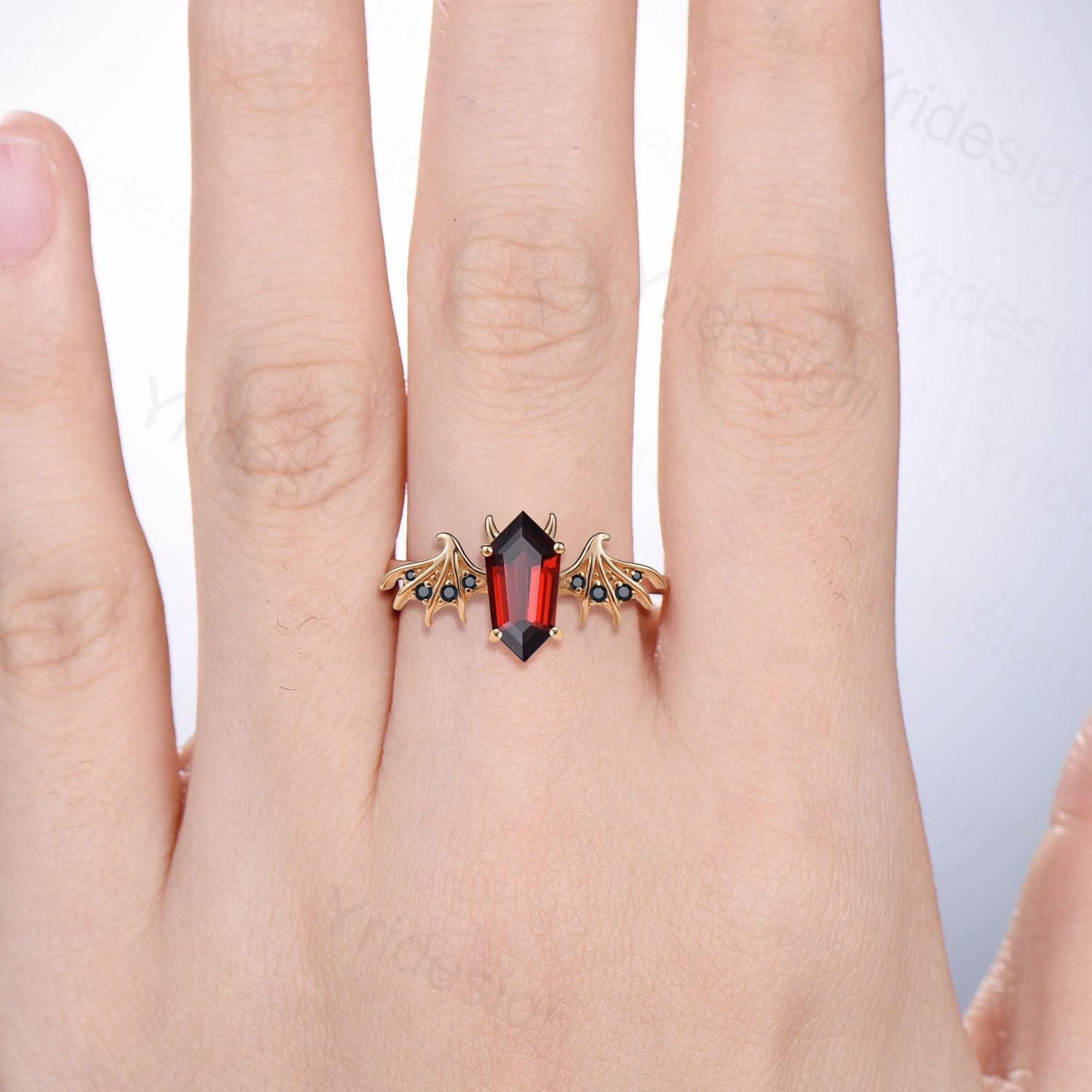 Shield Shaped Garnet Bat Engagement Ring Unique Wing Garnet Spinel Ring, Black Spinel Devil January Birthstone Engagement Ring - PENFINE